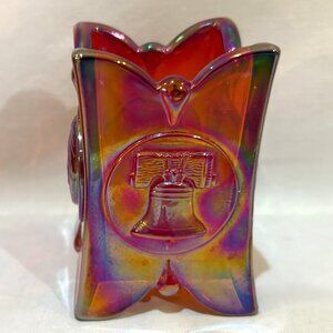 Joe St. Clair Red Iridescent Carnival Glass Toothpick Holder Liberty Bell